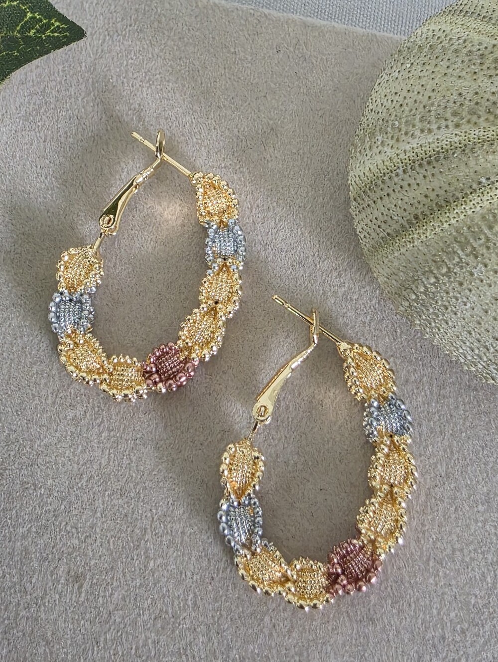 Tricolor Gold Filled Textured Hoop Earrings